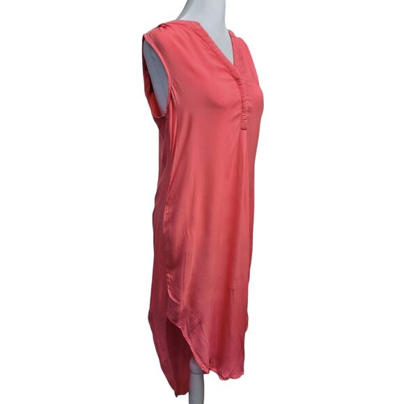 CUPIO Coral Pink Sleeveless V-Neck Asymmetrical Tunic Shift Midi Dress Sz. Small - Picture 1 of 9